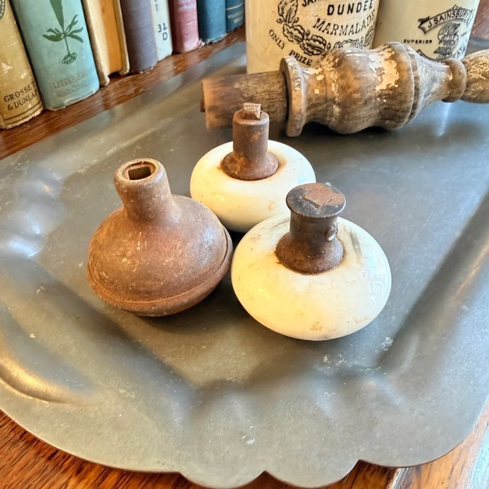 Set of 3 Antique Porcelain and Brass Door Knobs